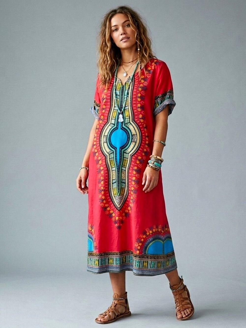 Vtg 60s 70s Jaime Ca. Hippie Dashiki Dress M Pink Psychedelic Boho Caftan Shift